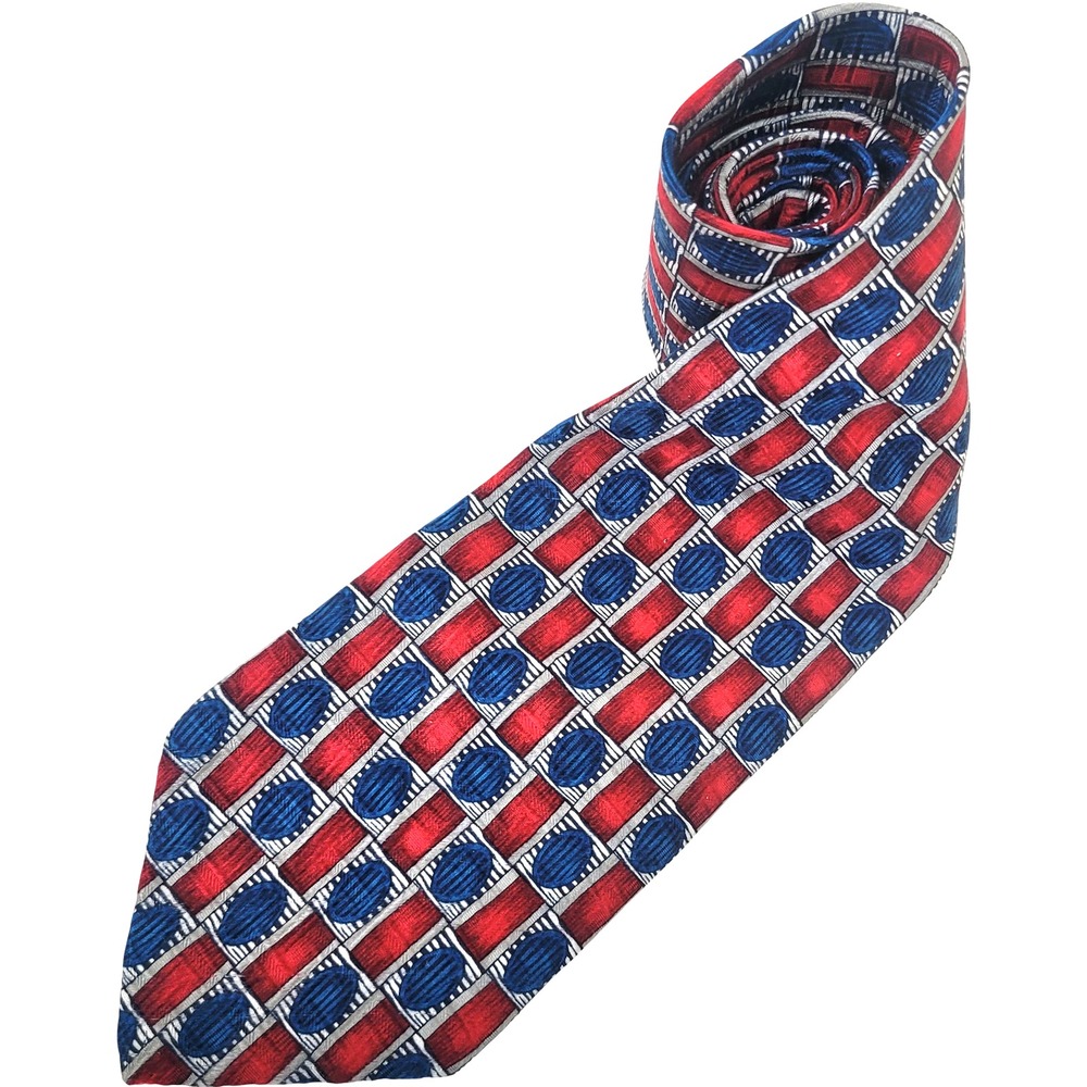 XMI Silk Tie Red White Blue Geometric Hand Sewn Nordstrom Made in‎ USA